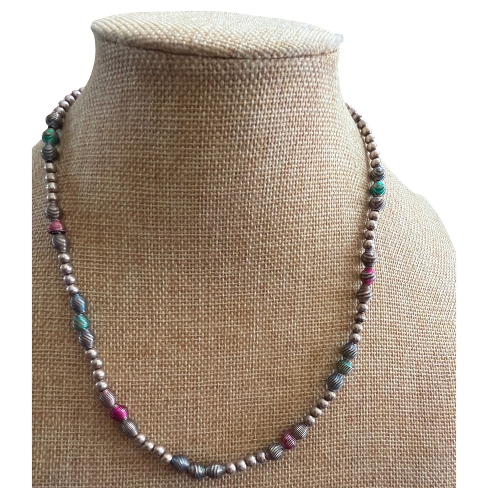 Burnished Silver Navajo Pearl Style Necklace Colorful Ribbed Beads